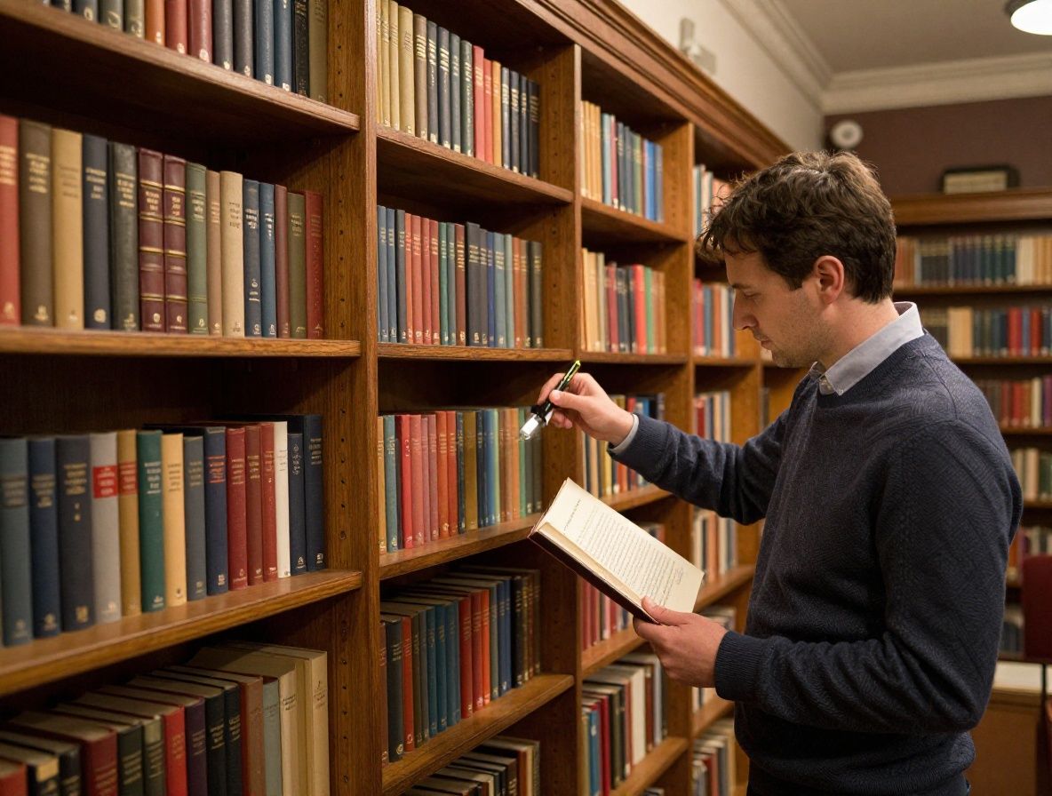 Atmosphärische Bibliotheksszene mit ledergebundenen Büchern in alten Holzregalen, warm beleuchtet von einer Schreibtischlampe, staubige Patina auf den Buchrücken, ruhige akademische Stimmung