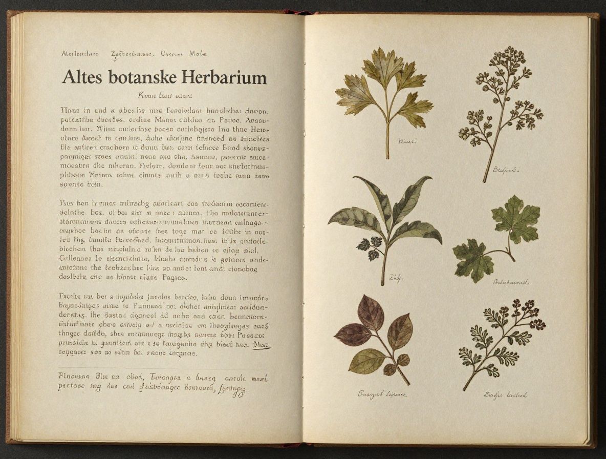 Altes botanisches Herbarium mit gepressten Kräutern zwischen den Buchseiten – vergilbtes Papier, handschriftliche Beschriftungen, warmes Antiquariats-Licht, zeitlose wissenschaftliche Ästhetik