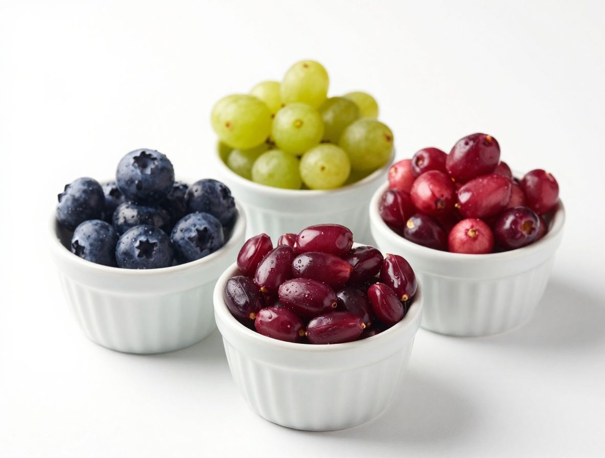 Frische bunte Früchte reich an Antioxidantien – Blaubeeren, Granatapfelkerne und Açaí-Beeren in kleinen Keramikschälchen, helles natürliches Licht von oben