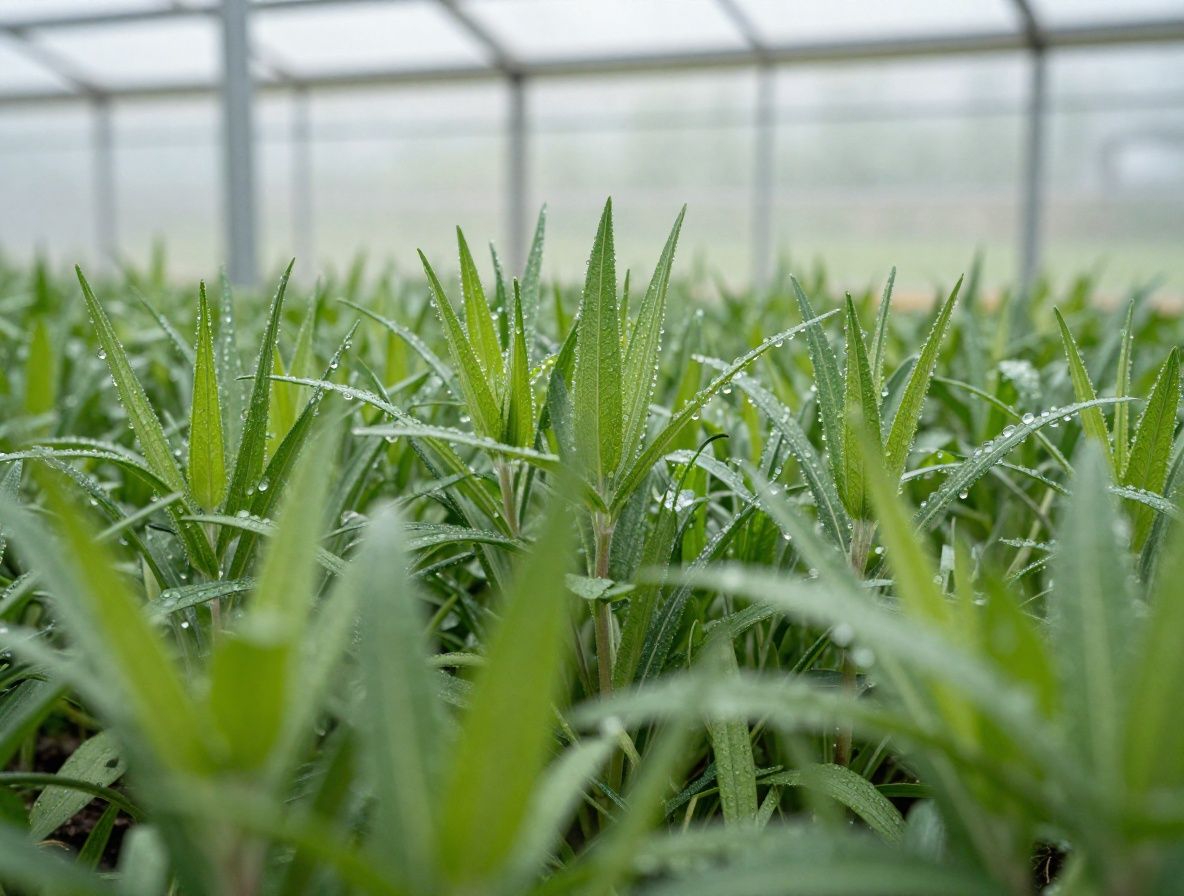 Detailaufnahme frischer Kräuterpflanzen in einem Gewächshaus – dichte grüne Blätter mit Wassertropfen, diffuses Tageslicht durch Glas, lebendige und ruhige Naturstimmung