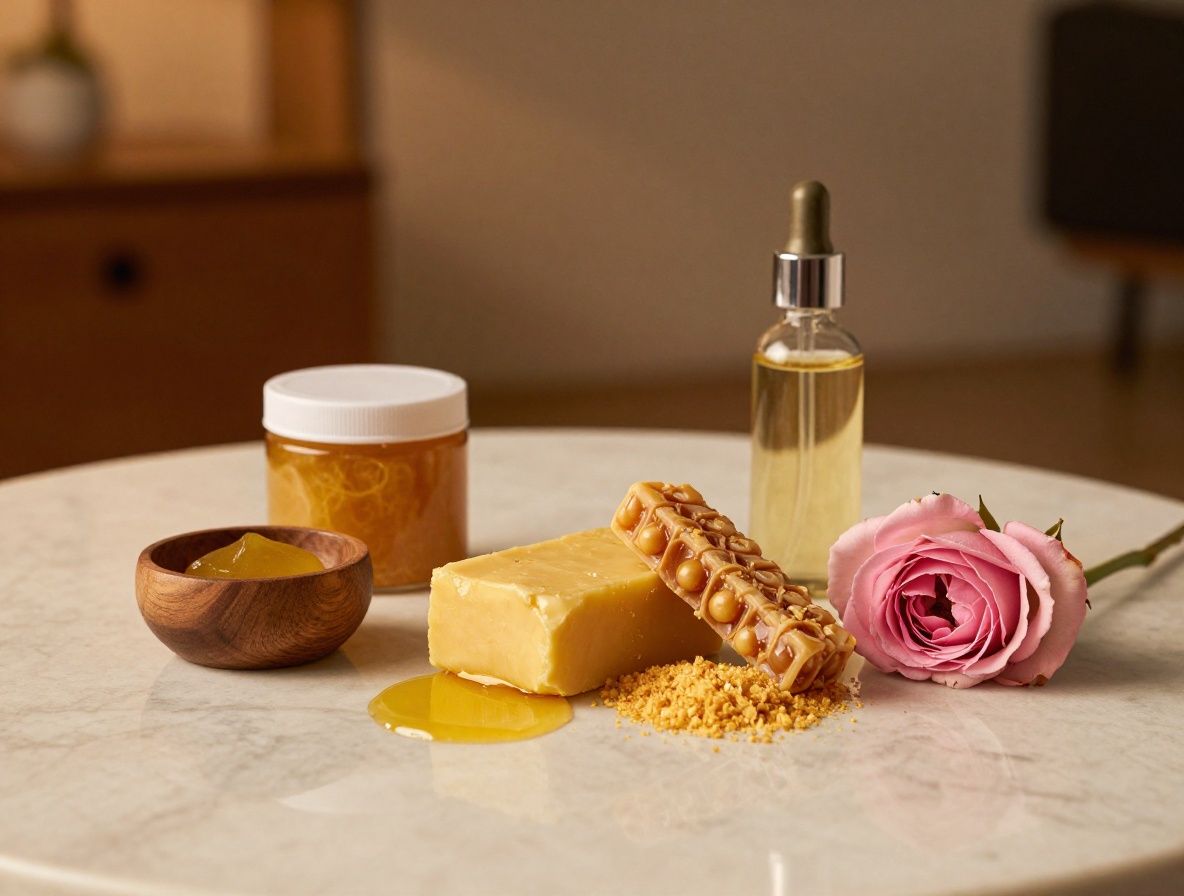 Elegante Anordnung von Naturkosmetik-Zutaten – Bienenwachs, Sheabutter in kleinen Holzschälchen, Rosenblüten und ätherische Öl-Fläschchen auf einer Marmoroberfläche mit warmem Seitenlicht