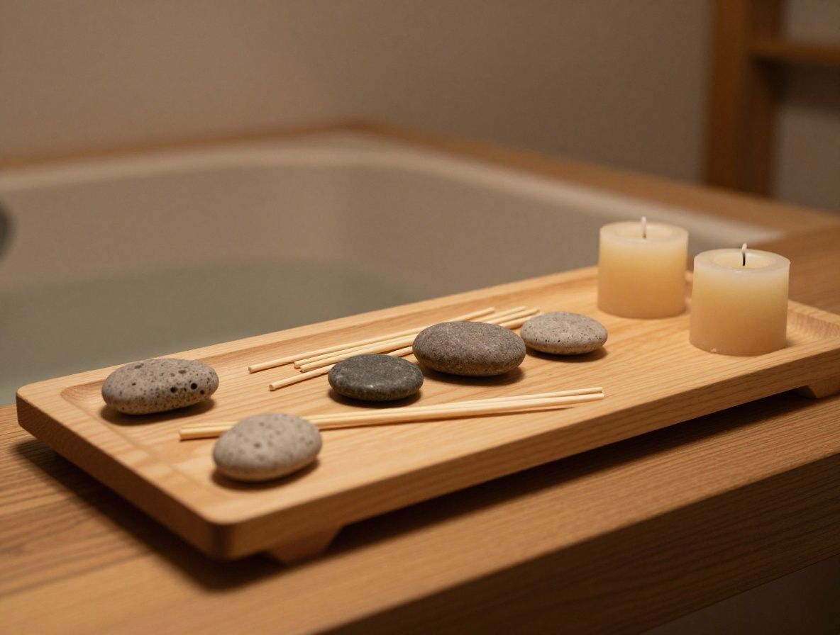 Ruhiges Wellnessbad mit Holzdekoration – Bambusstäbchen, natürliche Steine und Kerzen auf einem Holztablett, gedämpftes warmes Licht, minimalistische japanische Ästhetik