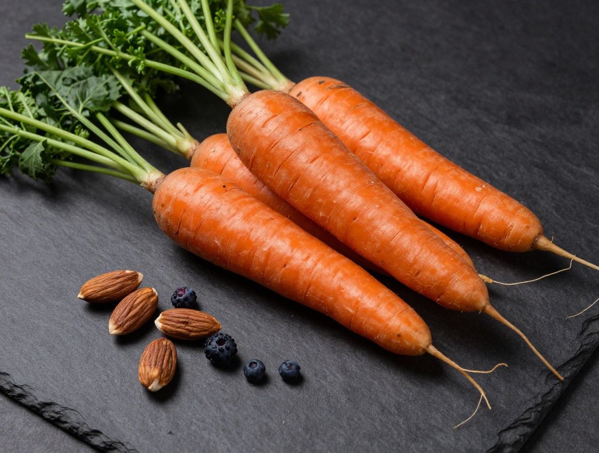 Diverse natürliche Lebensmittel reich an Vitaminen – orangefarbene Karotten, grüne Spinatblätter, Nüsse und Beeren auf einer dunklen Schiefertafel, dramatisches Seitenlicht betont Texturen